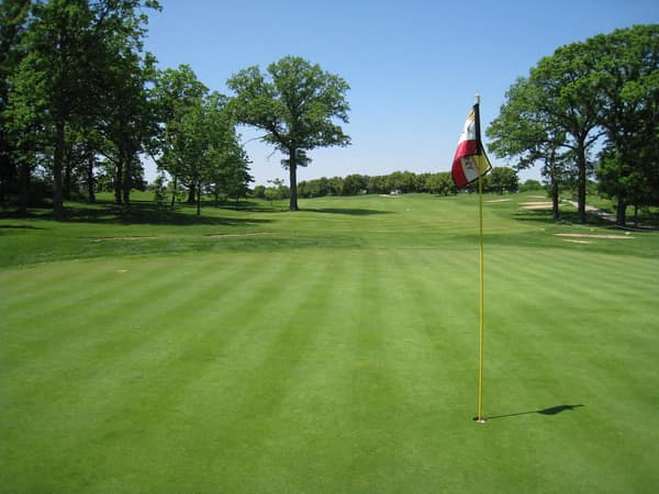 A flag on a striped green in the sunshine